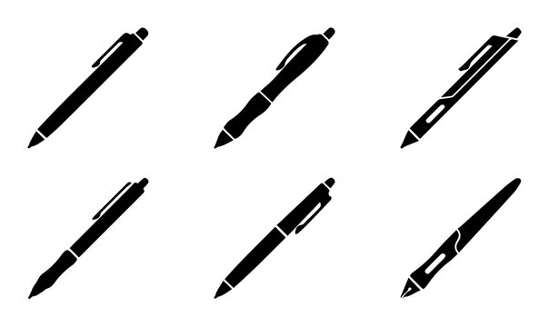 Black pens, ballpoint icons, writing instruments, office supplies, vector graphics