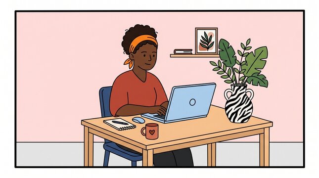 Woman sitting at desk with laptop and coffee cup in home environment, freelance
