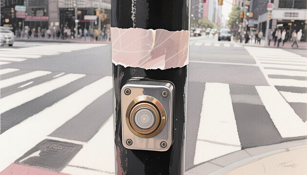 Traffic signal button on black pole at crosswalk in urban area  