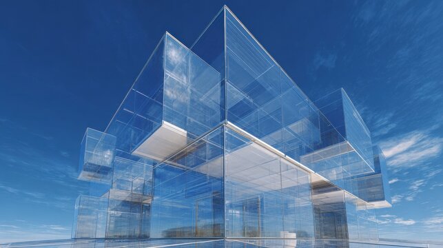 futuristic deconstructivist glass cube architecture, overlapping transparent volumes, reflective surfaces, minimal white structural frames, dramatic