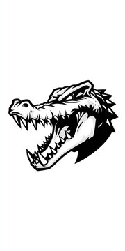 Black and white illustration of crocodile head with open jaws isolated on white background