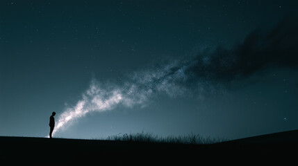 Fototapeta premium A lone figure stands on a hill at night, gazing at a bright, star-filled Milky Way stretching across the dark sky.