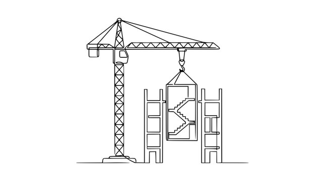 Crane lifting modular staircase section into building frame, continuous line drawing