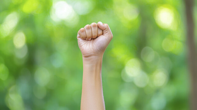 Fist raised in determination against blurred green background, symbolizing strength and unity