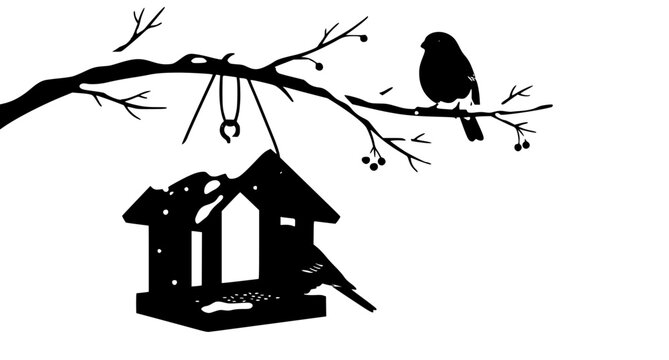 Winter bird feeder with two bullfinches perched on snowy branch vector illustration