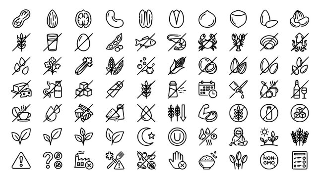 Food allergen ingredients and dietary restriction line icon bundle featuring gluten dairy nut free vegan and organic symbols vector