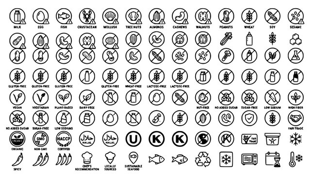 Food allergen and dietary restriction line icon set vector bundle featuring gluten free dairy kosher vegan and organic symbols