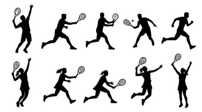 Tennis player silhouette vector icon collection featuring male and female athletes serving hitting backhand forehand smash action poses