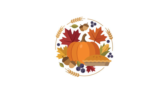 Autumn Harvest Circle with Pumpkin, Pie and Fall Leaves Illustration