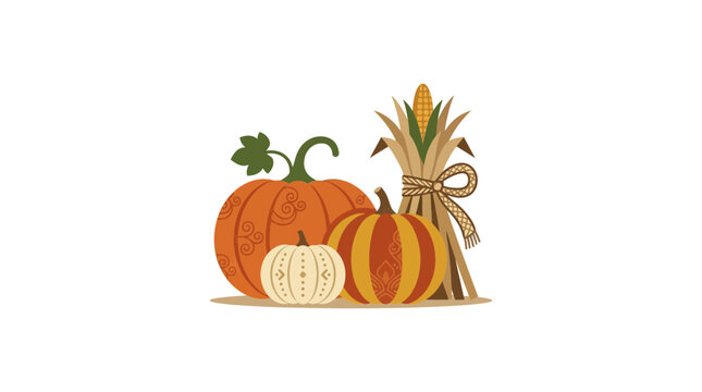 Autumn Harvest Decor with Pumpkins and Corn Stalk on White