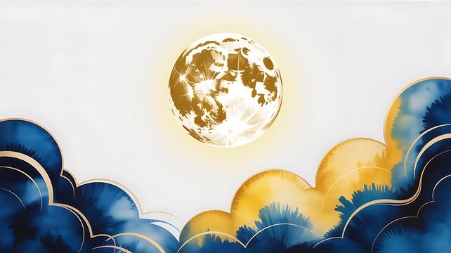 Luminous full moon shining brightly above stylized blue and gold clouds at night