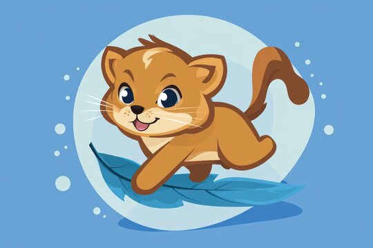 A cartoon lion cub playfully frolics on a blue leaf within a light blue circle