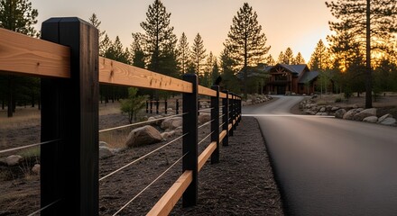 Fototapeta premium Modern wooden fence alongside a winding driveway leading to a house nestled in a pine forest at sunset.