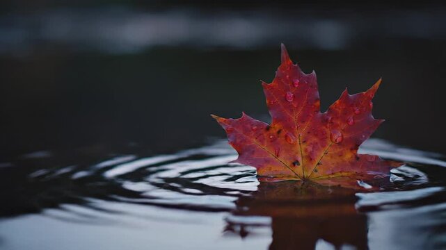 Red maple leaf with water droplets floating on a puddle