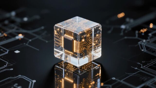 Transparent glass cube circuit board microchip technology digital network futuristic electronic semiconductor data design
