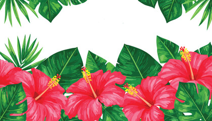 Tropical Red Hibiscus Flowers And Green Palm Leaves Frame Vector Illustration Background © Moksedul