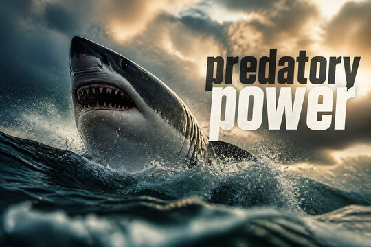 A shark breaches the water under a dramatic, cloudy sky with "predatory power" text overlay.