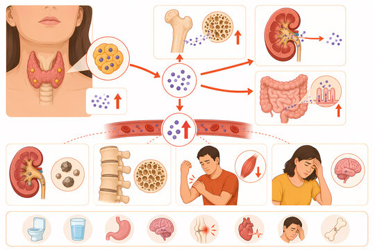 Hyperparathyroidism calcium bones kidney illustration