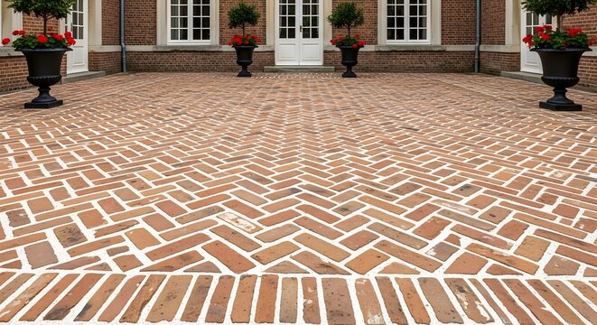 Beautiful herringbone pattern brick paved courtyard in front of a classic house.