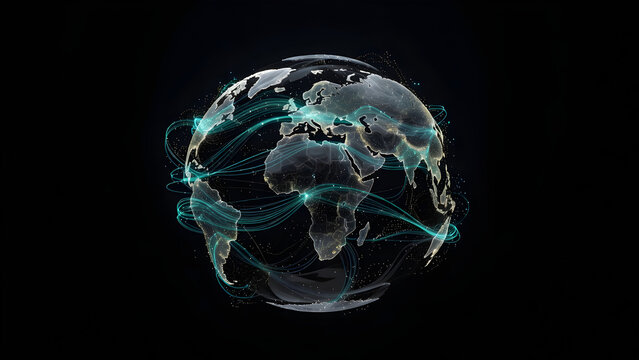 Futuristic abstract 3D world map network with glowing neon cyan fiber optic lines forming global flight paths and communication routes on dark background, generative AI.