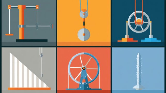 Diagram displays simple machines like lever, pulley, wheel and axle along with inclined plane, wedge and screw in clear colors for learning.