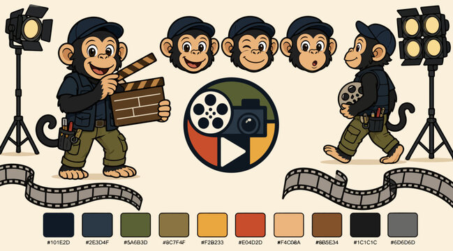 Cartoon Monkey Filmmaker with Movie Equipment and Color Palette.