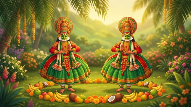 Onam background with artistic brush-style Kathakali mask in corner