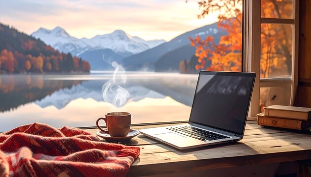 Ordenador port&aacute;til junto a ventana con vistas a lago y monta&ntilde;as, taza caliente y manta en ambiente acogedor de teletrabajo oto&ntilde;al