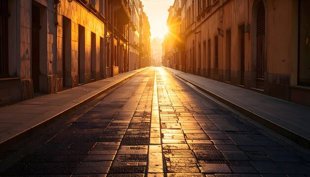 Calle estrecha vac&iacute;a al atardecer con luz dorada entre edificios y reflejos c&aacute;lidos sobre el pavimento urbano