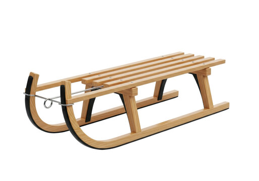 Pristine traditional wooden toboggan sled with polished ash bentwood frame, contrasting black runners, and metal tow loop, isolated on transparent studio background. Concept for winter sports