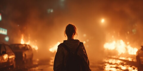 Obraz premium Woman stands before destruction and fire apocalyptic scene conceptual artwork