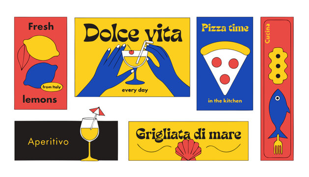 Italian food and drink posters set. lemons, cocktails, pizza, fish grill, dolce vita.
