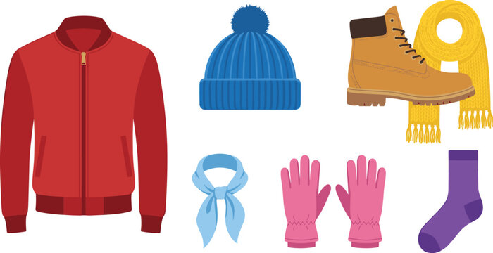Casual cold weather autumn clothing and winter accessories vector illustration set with red bomber jacket, blue beanie hat, boots, gloves, and scarves
