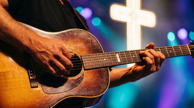 Musicians performing christian worship concert on stage with illuminated cross for audience. Religious music event, modern church service, easter celebration and spiritual gathering