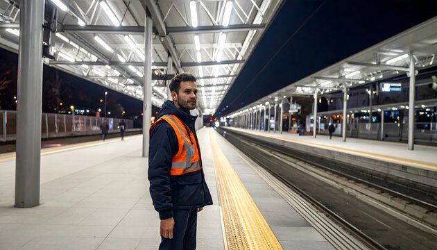 Trabajador ferroviario con chaleco reflectante en and&eacute;n de estaci&oacute;n de tren nocturna en concepto de transporte y seguridad