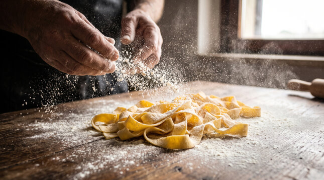 Extreme Macro Dusting Flour over Fresh Handmade Pappardelle Pasta