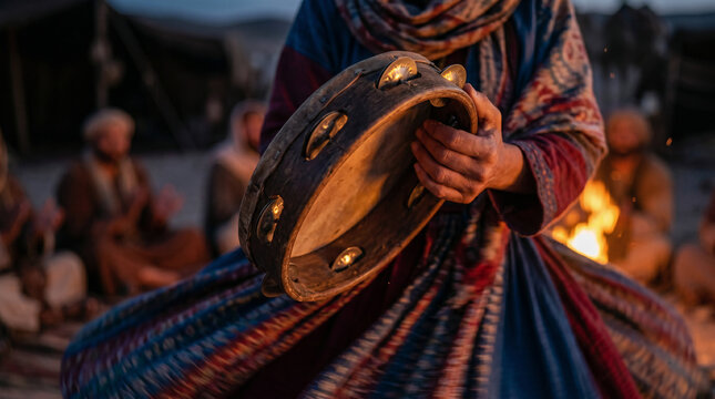 Woman in traditional biblical clothing dancing with tambourine in front of group of men sitting on desert camp ground. Historical scene depicting ancient Middle Eastern culture and custom