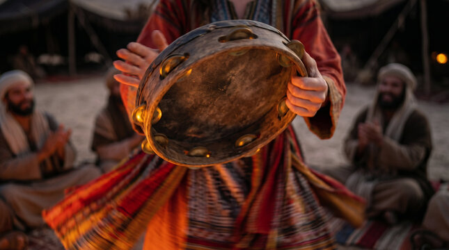 Woman in traditional biblical clothing dancing with tambourine in front of group of men sitting on desert camp ground. Historical scene depicting ancient Middle Eastern culture and custom