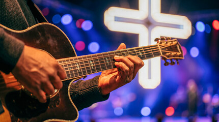 Obraz premium Musicians performing christian worship concert on stage with illuminated cross for audience. Religious music event, modern church service, easter celebration and spiritual gathering