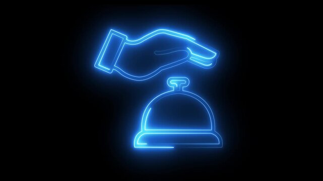 Neon hotel reception bell glowing blue sign for hospitality and customer service concepts