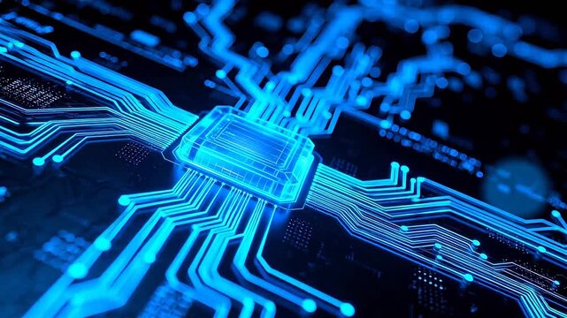 Blue glowing circuit board with central chip