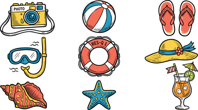 Hand-drawn doodle summer beach vacation vector illustration set with camera beach ball flip flops snorkel mask lifebuoy hat seashell starfish and cocktail