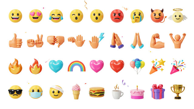 Colorful set of diverse emoji style icons showing different hand gestures, facial expressions, and objects Vector