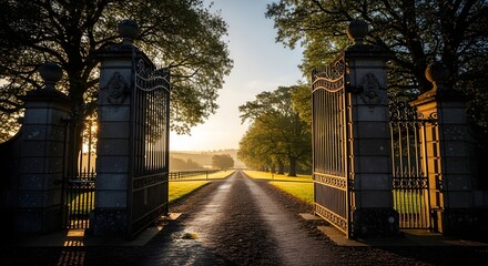 Naklejka premium Grand open gates at the entrance of a long, tree-lined driveway bathed in the warm glow of a misty sunrise.