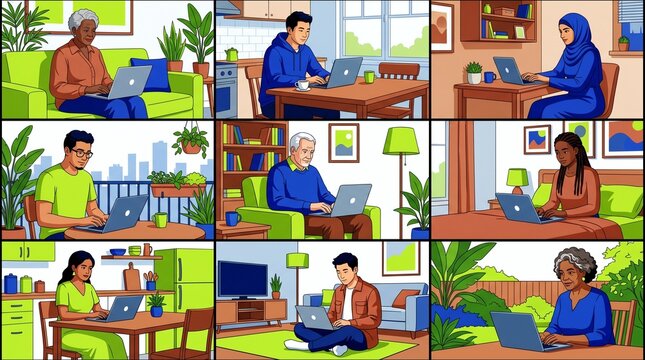 Diverse group of people working from home on a virtual conference meeting