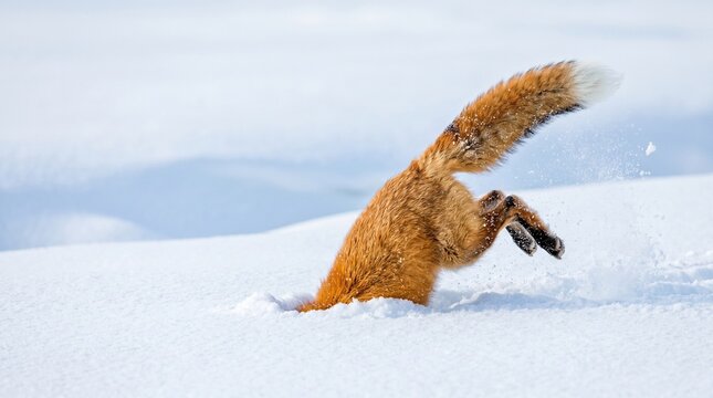 Red fox hunting and diving headfirst into deep snow with fox like, wildlife
