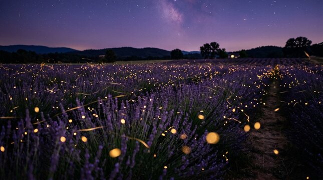 Fireflies glowing above a lavender field at twilight with summer night, lavender