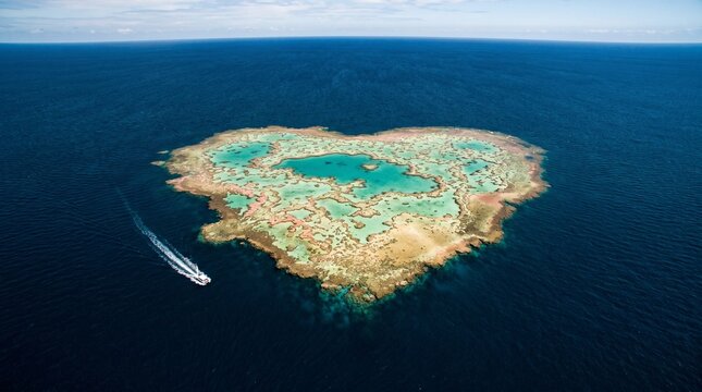 Aerial view of heart shaped coral reef and boat with blue water, boat trip