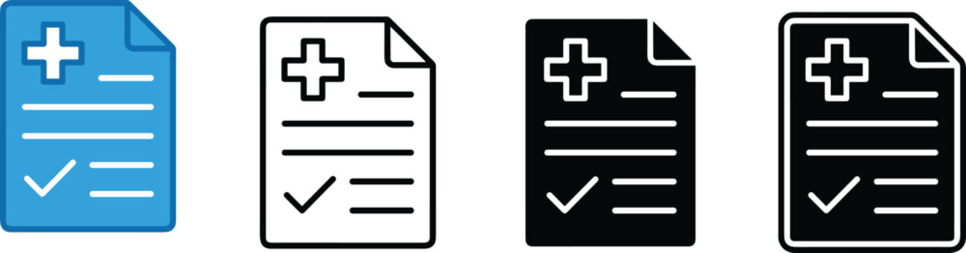 Medical document forms vector illustration with healthcare checklist, cross symbols, patient records, and hospital design