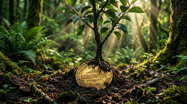 Small tree growing from gold coin in lush forest environment with investment